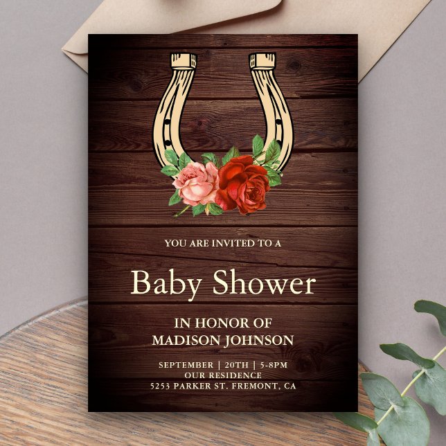 Invitation Baby shower rustique Bois Floral Horseshoe (Créateur téléchargé)