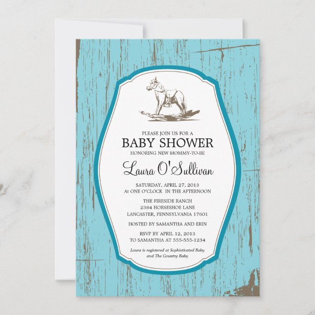 Invitation Baby shower Rustique Bois Rocking Horse (Devant)