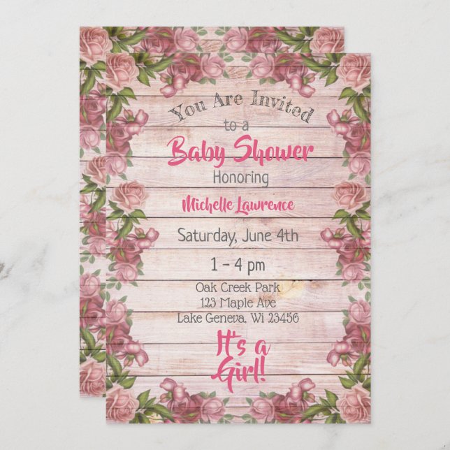 Invitation Baby shower Rustique Bois Rose Roses (Devant / Derrière)