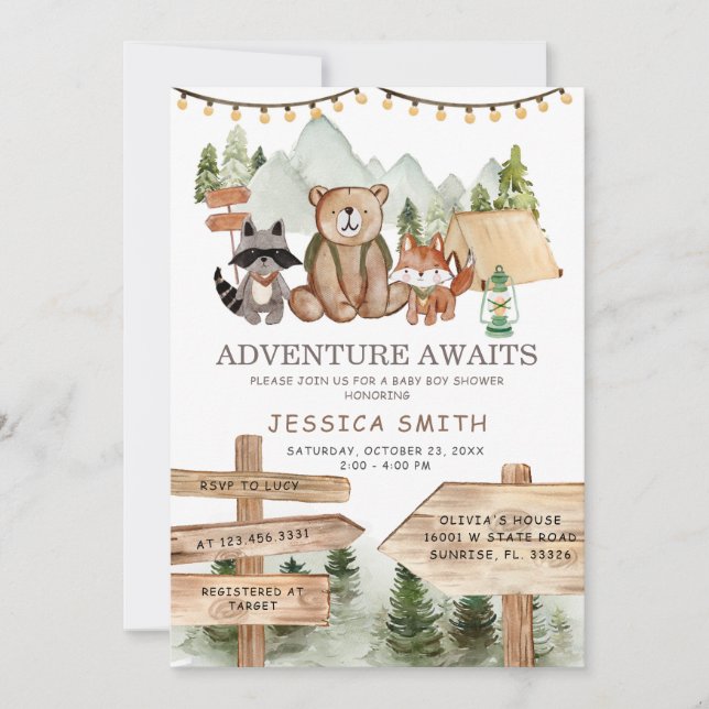 Invitation Baby shower Rustique Boy Woodland Forest Animaux (Devant)