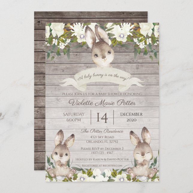 Invitation Baby shower rustique Brown et blanc lapin lapin la (Devant / Derrière)