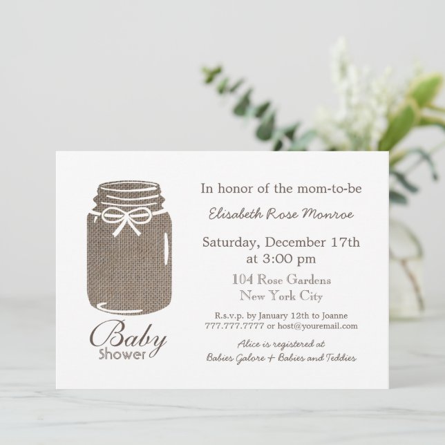 Invitation Baby shower rustique Burlap Mason Jar (Debout devant)