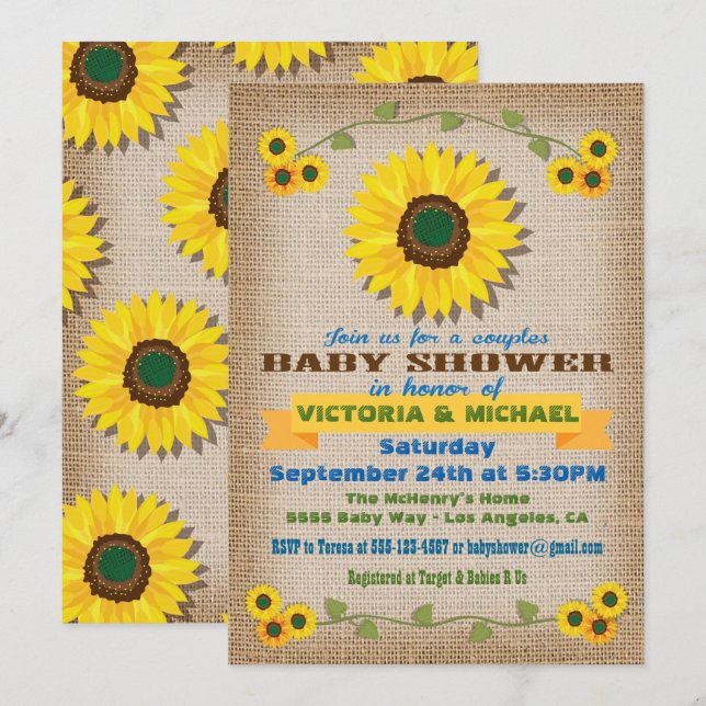 Invitation Baby shower rustique Burlap Sunflower Couples (Devant / Derrière)