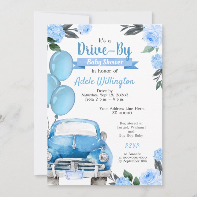 Invitation Baby shower Rustique Car Blue Boy (Devant)