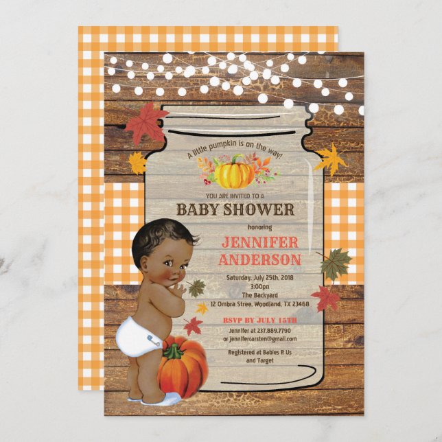 Invitation baby shower rustique Citrouille vintage (Devant / Derrière)