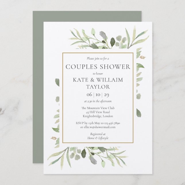 Invitation Baby shower Rustique Couples Aquarelle Verdure (Devant / Derrière)