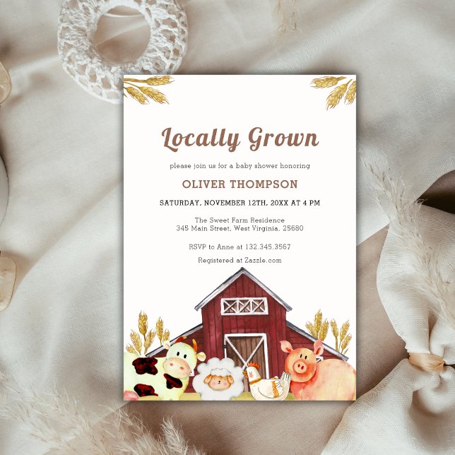 Invitation Baby shower Rustique Cultivé Localement Animaux De (Rustic Locally Grown Farm Animals Baby Shower Invitation)