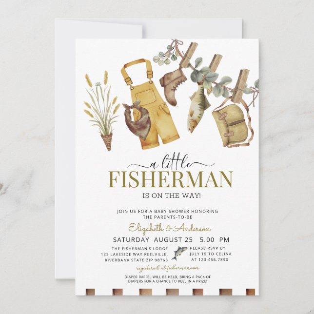 Invitation Baby shower Rustique Cute Little Fisherman (Devant)