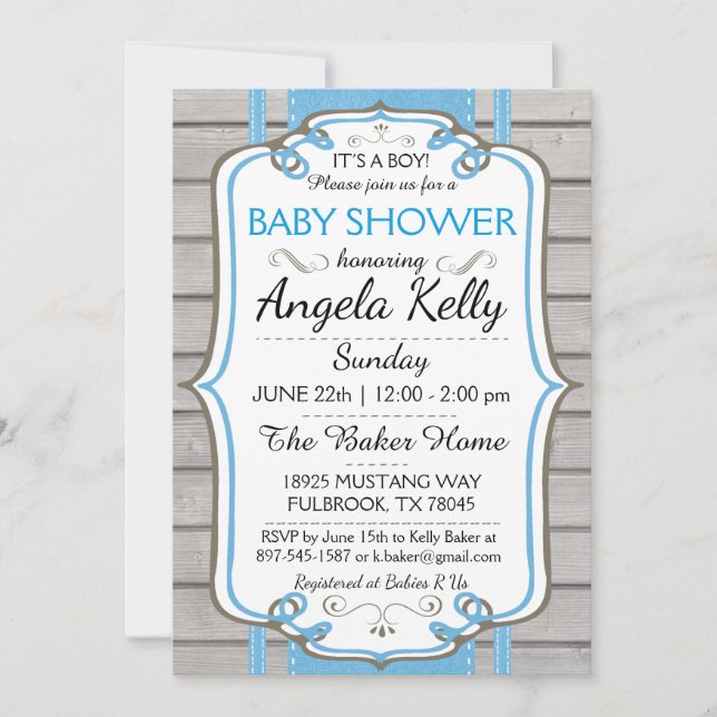 Invitation Baby shower Rustique Cute Sip Lingettes Bleu (Devant)