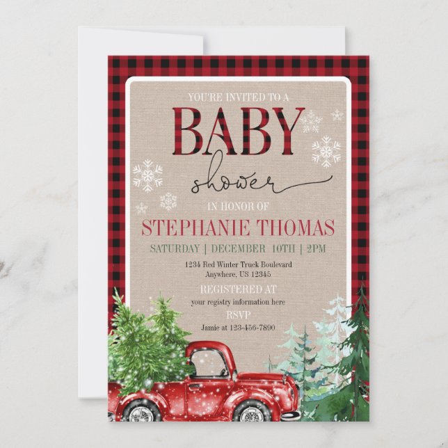 Invitation Baby shower rustique de camion rouge de forêt d'hi (Devant)