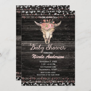 Invitation Baby shower rustique de crâne floral rose et