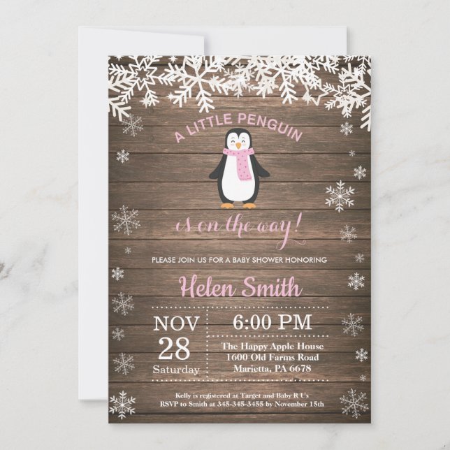Invitation Baby shower rustique de fille de flocon de neige (Devant)