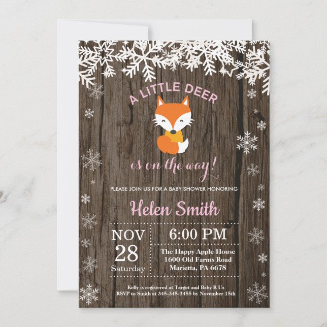 Invitation Baby shower rustique de fille d'hiver Fox (Devant)