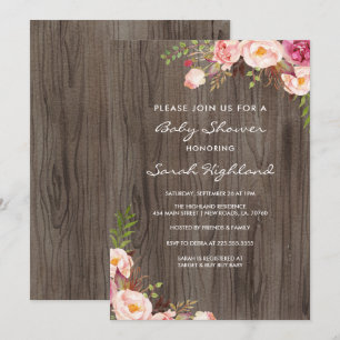 Invitation Baby shower Rustique de fleurs rose pâle
