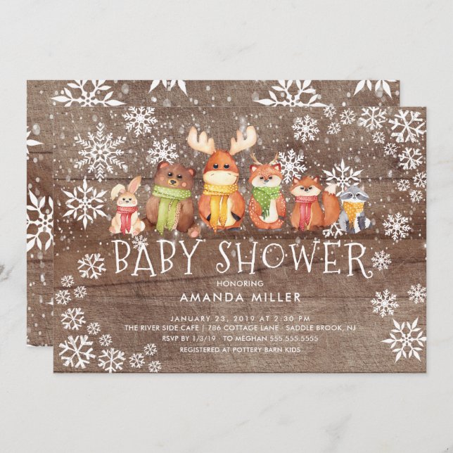 Invitation Baby shower Rustique de flocon de neige Bois Anima (Devant / Derrière)