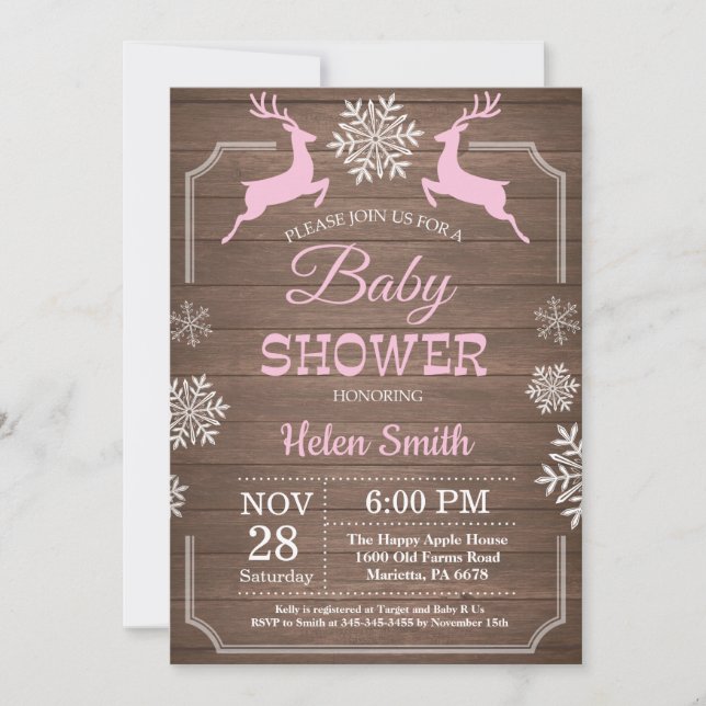 Invitation Baby shower rustique de flocon de neige de cerf d' (Devant)