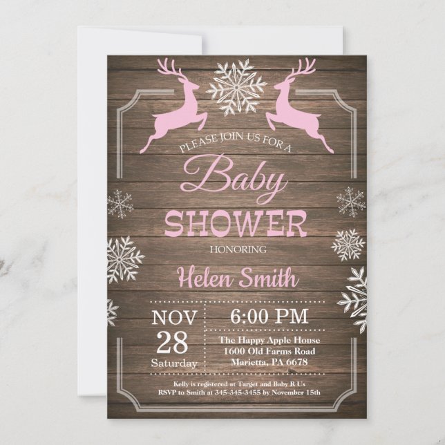 Invitation Baby shower rustique de la Fille des neiges des ce (Devant)