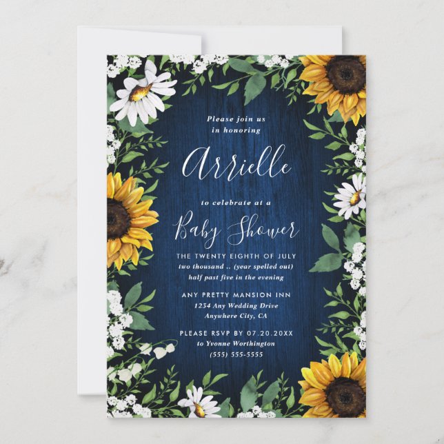 Invitation Baby shower rustique de la marine Blue Sunflower (Devant)