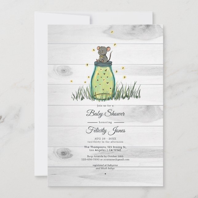 Invitation Baby shower rustique de luciole de souris Mason Ja (Devant)