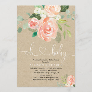 Invitation Baby shower rustique de pêche floral kraft fille