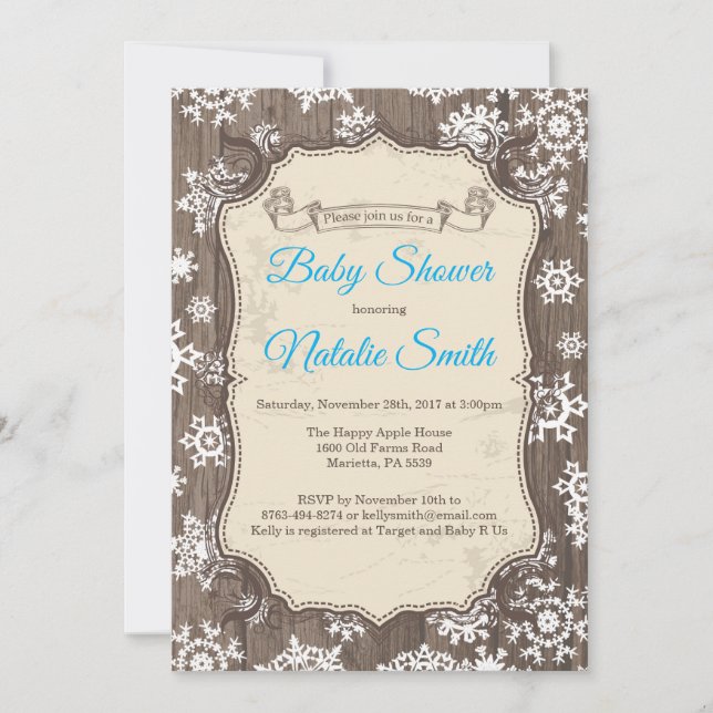 Invitation Baby shower rustique de snowflake hiver (Devant)