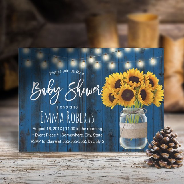 Invitation Baby shower rustique de tournesol Mason Jar Blue W (Créateur téléchargé)