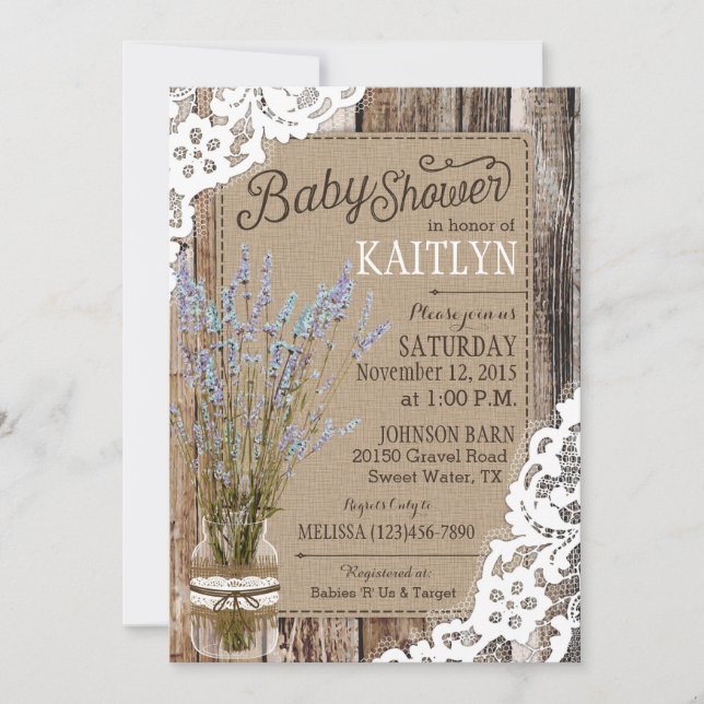 Invitation Baby shower rustique dentelle en bois de laiton de (Devant)