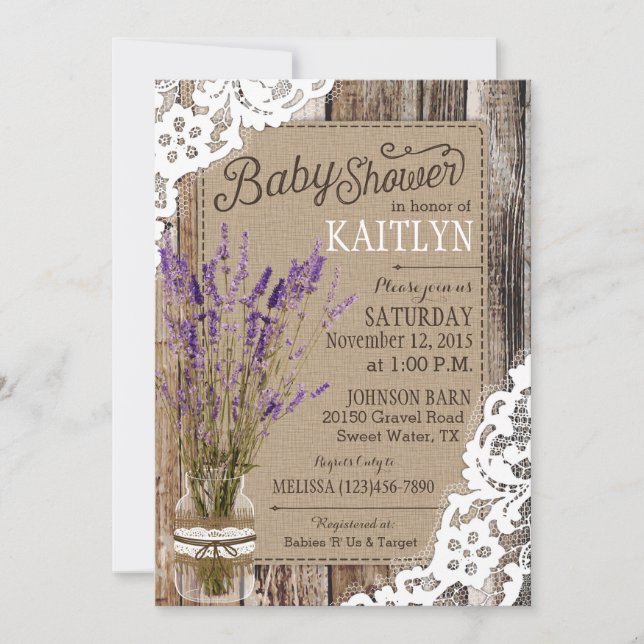 Invitation Baby shower rustique dentelle en bois de lavande (Devant)