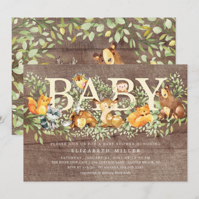 Invitation Baby shower Rustique des animaux forestiers (Devant / Derrière)