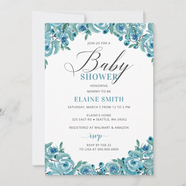 Invitation Baby shower Rustique Dusty Blue Floral Boy (Devant)