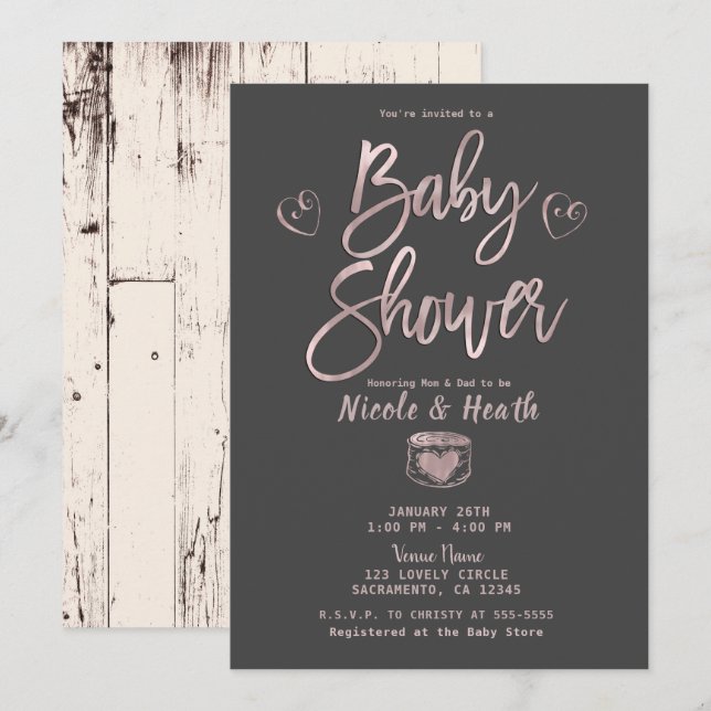 Invitation Baby Shower Rustique Élégant Rose Gold Rose Gris (Devant / Derrière)