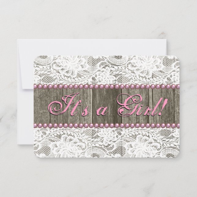 Invitation Baby-Shower Rustique en Bois de Grange avec Perles (Devant)