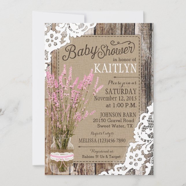 Invitation Baby shower rustique en dentelle de bois de lavand (Devant)