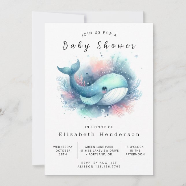 Invitation Baby shower Rustique en ligne baleines (Devant)