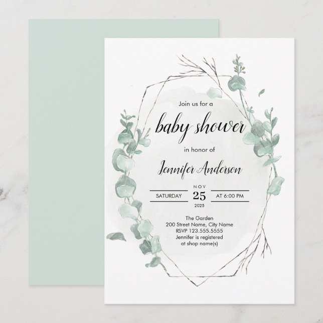 Invitation Baby shower Rustique Eucalyptus (Devant / Derrière)