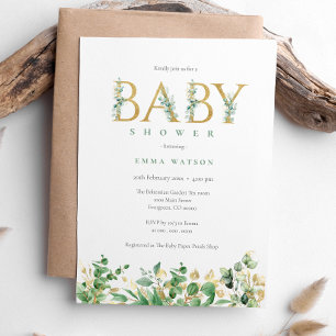 Invitation Baby shower Rustique Eucalyptus Golden Lettres