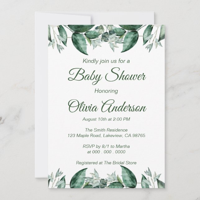 Invitation Baby shower rustique feuille verte (Devant)