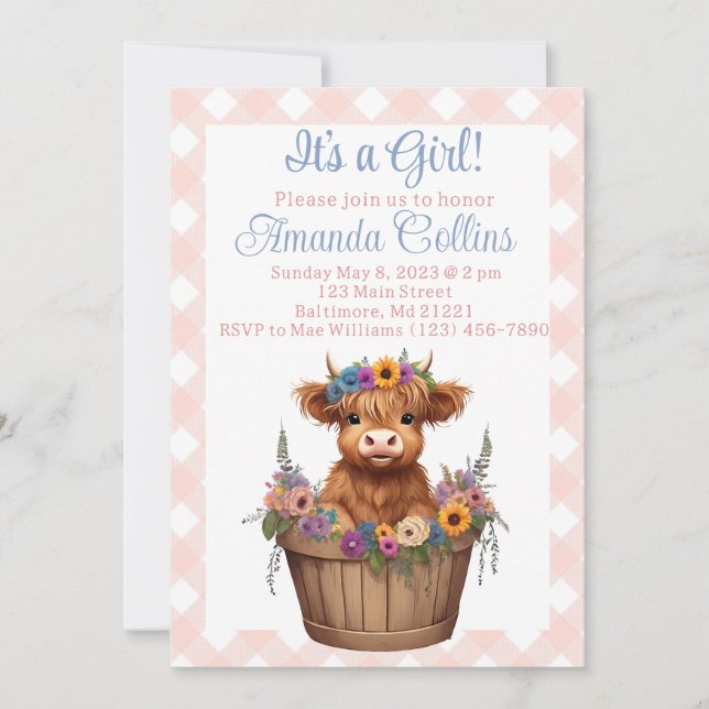 Invitation Baby shower rustique fleuri de vache Highland (Devant)