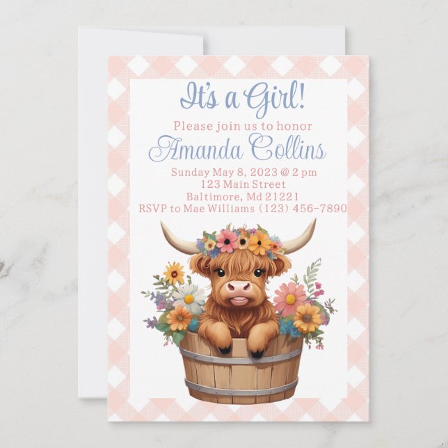Invitation Baby shower rustique fleuri de vache Highland (Devant)
