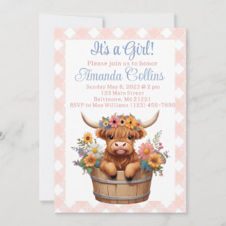 Invitation Baby shower rustique fleuri de vache Highland
