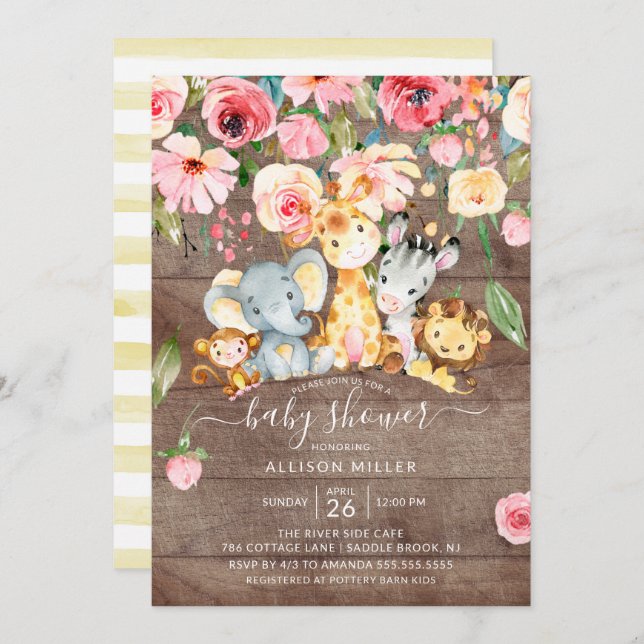 Invitation Baby shower Rustique Floral Neutre Safari Animaux (Devant / Derrière)