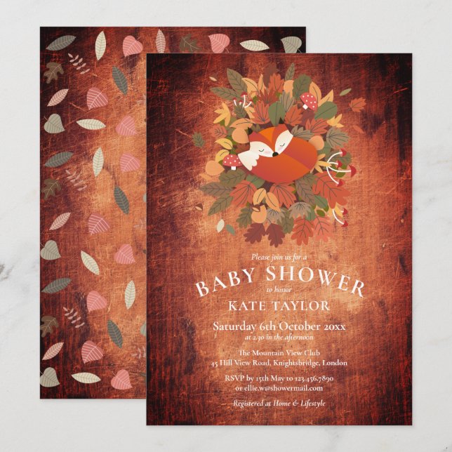 Invitation Baby shower rustique Fox Cub Woodland (Devant / Derrière)