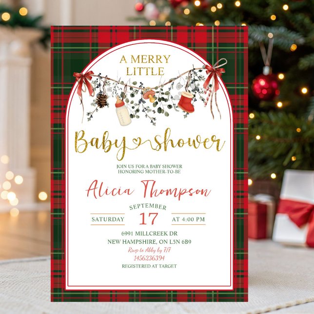 Invitation Baby Shower Rustique Gingham de Noël Merry Little (Créateur téléchargé)
