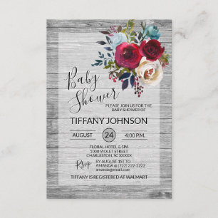 Invitation Baby shower rustique gris floral de Bourgogne