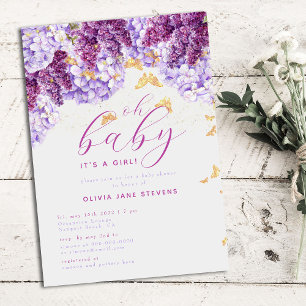 Invitation Baby shower Rustique Hydrangea Lilac Butterfly Gir