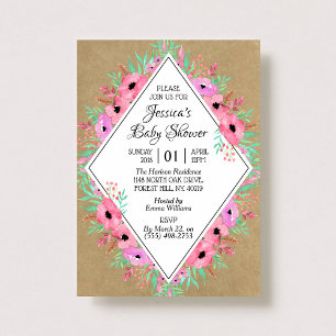 Invitation Baby shower rustique Kraft & Watercolor Flowers
