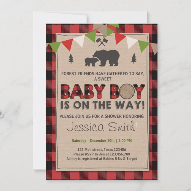 Invitation Baby shower Rustique Lumberjack Baby boy douche (Devant)