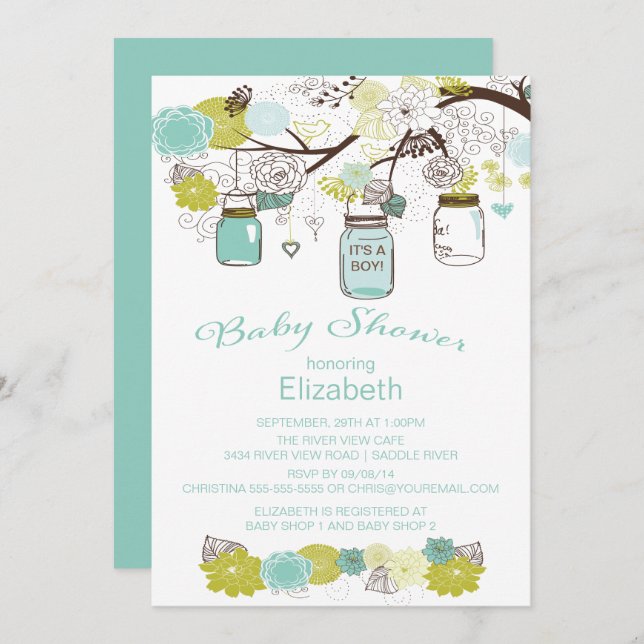 Invitation Baby shower rustique Mason Jar Boys (Devant / Derrière)