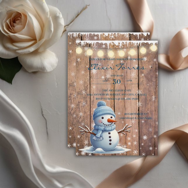Invitation Baby shower rustique moderne élégant Blue Snowman (Créateur téléchargé)