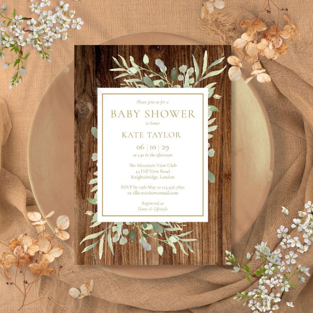 Invitation Baby shower rustique neutre en bois | Saupoudrer (Rustic Wood Greenery Floral Baby Shower Invitation)